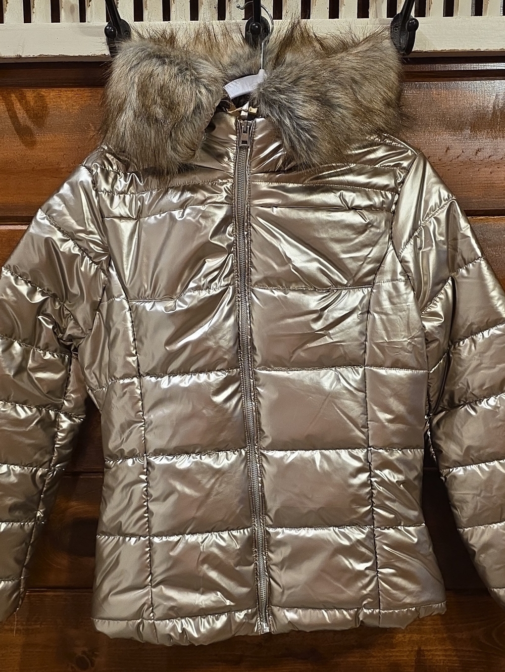 Metallic GoldPuffer Jacket with Faux Fur Trim, Small & XXL available.